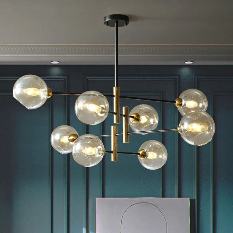 Minimalist Black and Brass Glass Dome Chandelier for Dining Room Suspended Lighting