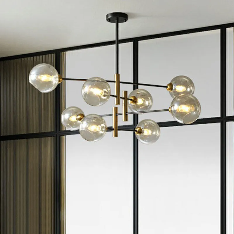 Minimalist Black and Brass Glass Dome Chandelier for Dining Room Suspended Lighting