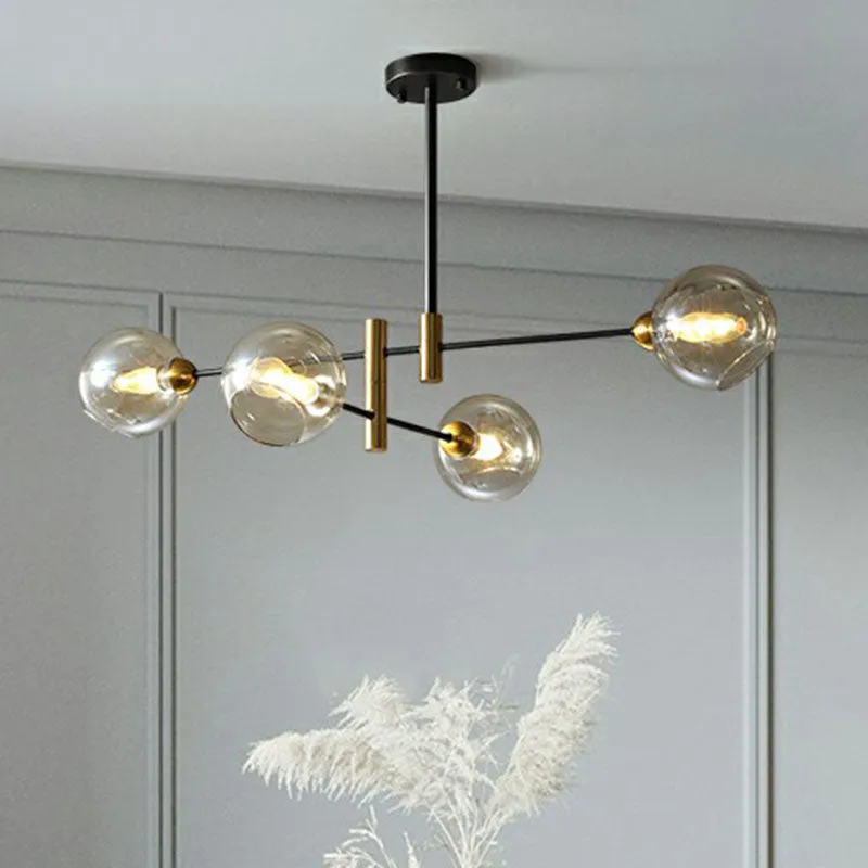 Minimalist Black and Brass Glass Dome Chandelier for Dining Room Suspended Lighting