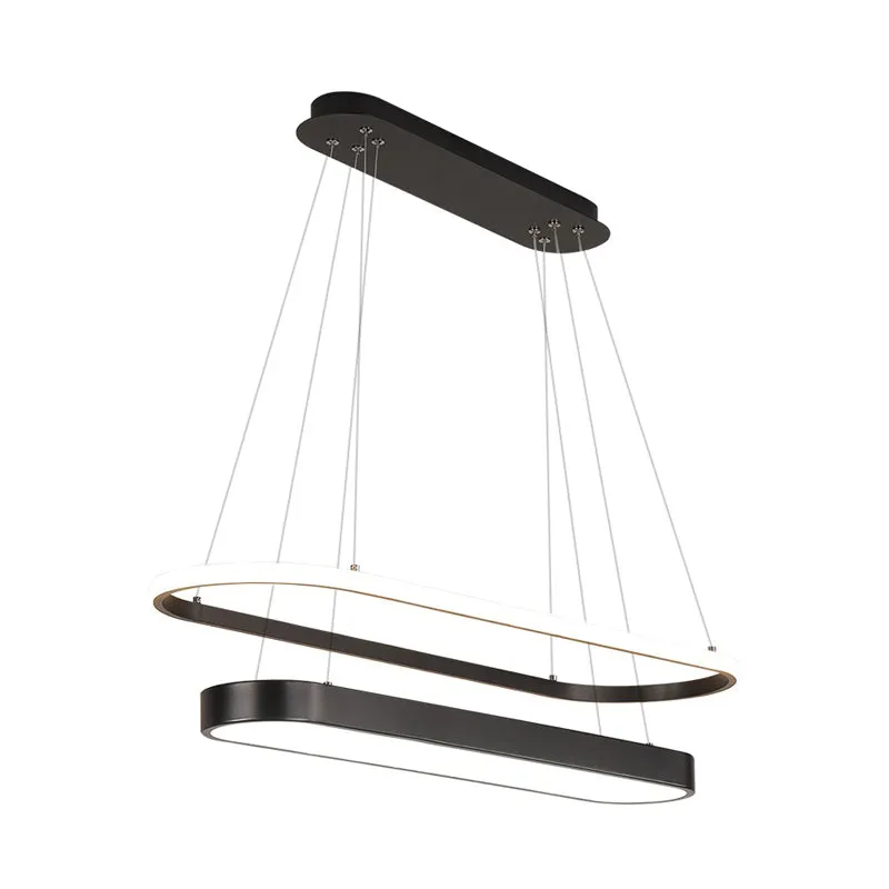 Minimalist Black/Gold LED Pendant Chandelier with 2 Rectangles and Acrylic Hangings in White/Warm Light