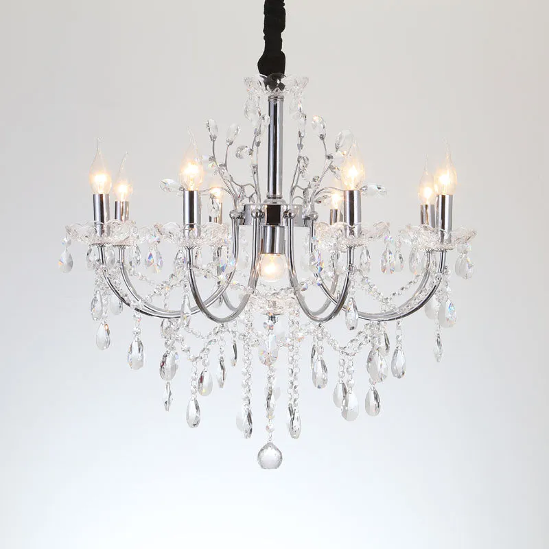 Minimalist Crystal Chandelier with 9 Bulbs in Chrome Finish for Living Room