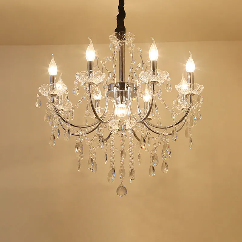 Minimalist Crystal Chandelier with 9 Bulbs in Chrome Finish for Living Room