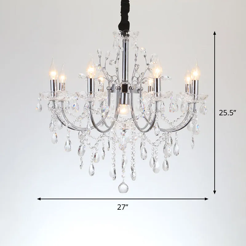 Minimalist Crystal Chandelier with 9 Bulbs in Chrome Finish for Living Room