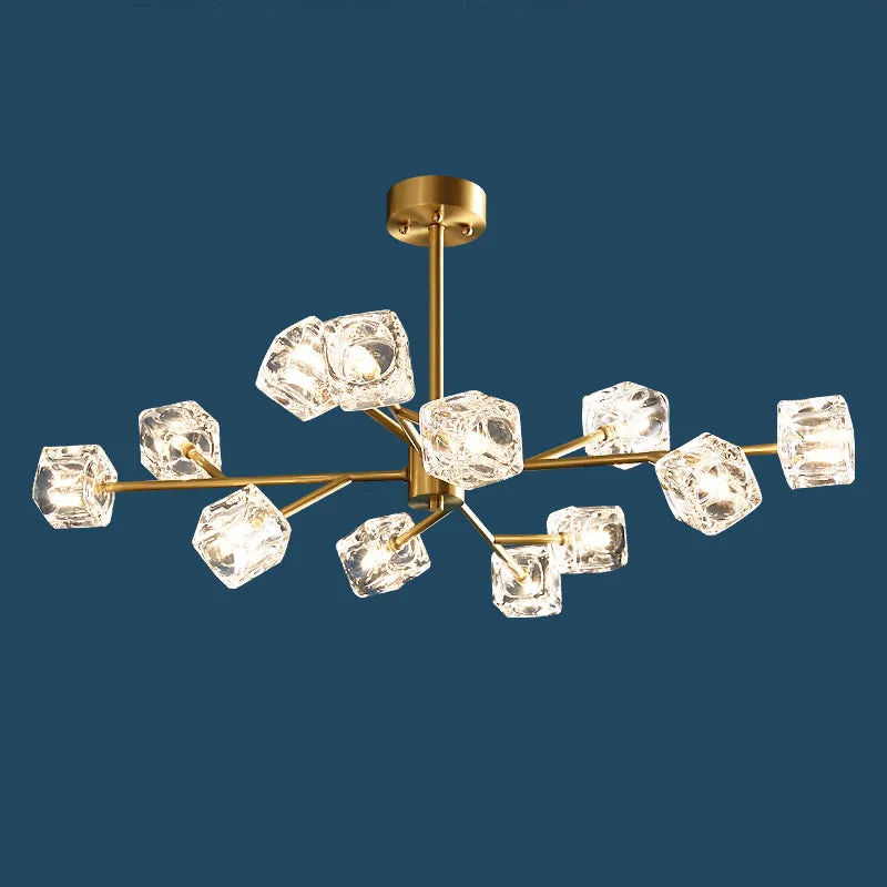 Minimalist Gold Finish Chandelier: Crystal Cube Pendant Lighting with Branch Design