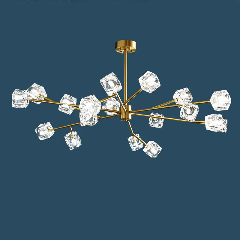 Minimalist Gold Finish Chandelier: Crystal Cube Pendant Lighting with Branch Design