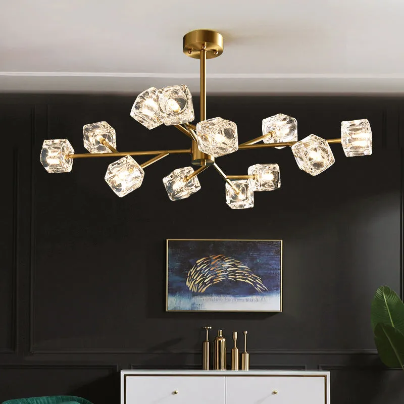 Minimalist Gold Finish Chandelier: Crystal Cube Pendant Lighting with Branch Design