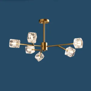 Minimalist Gold Finish Chandelier: Crystal Cube Pendant Lighting with Branch Design