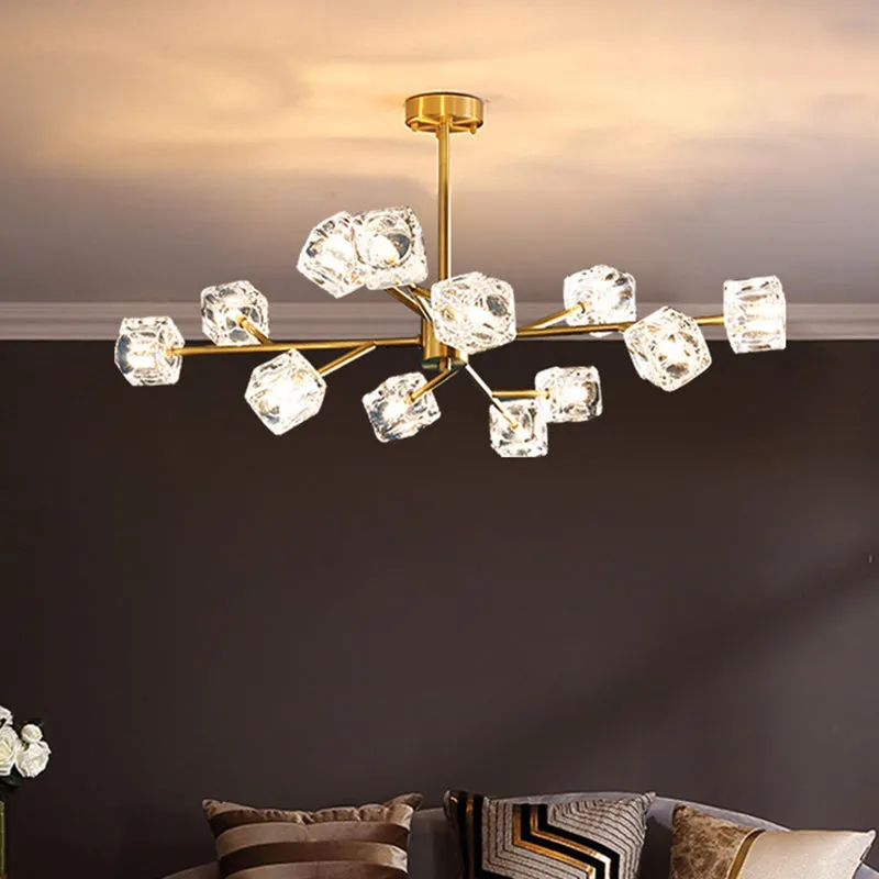 Minimalist Gold Finish Chandelier: Crystal Cube Pendant Lighting with Branch Design