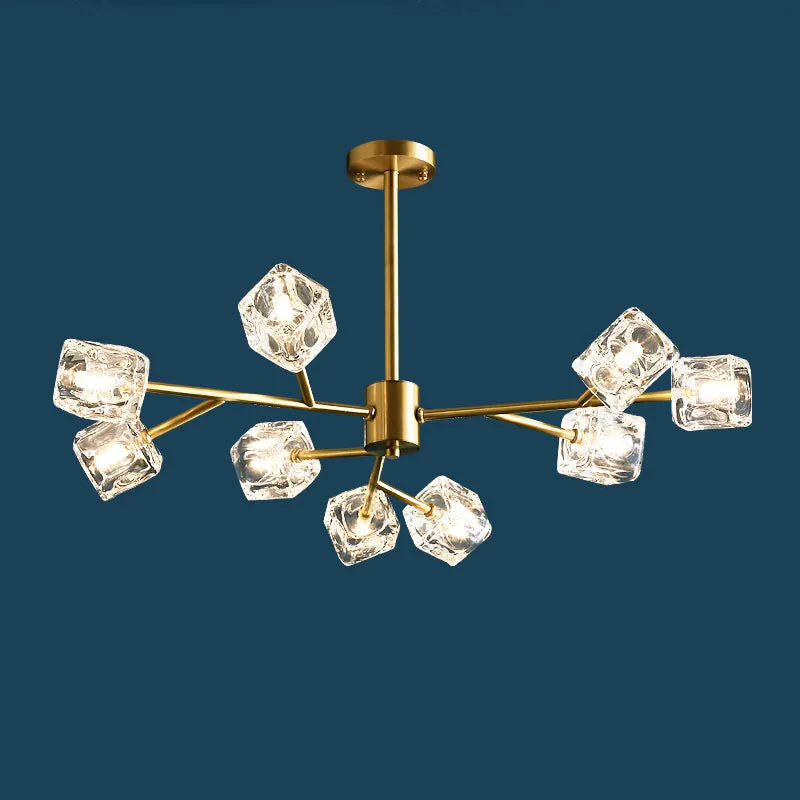 Minimalist Gold Finish Chandelier: Crystal Cube Pendant Lighting with Branch Design