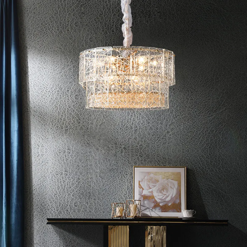 Modern 2-Tier Clear Glass Chandelier Pendant Light with Octagonal Crystal Beads