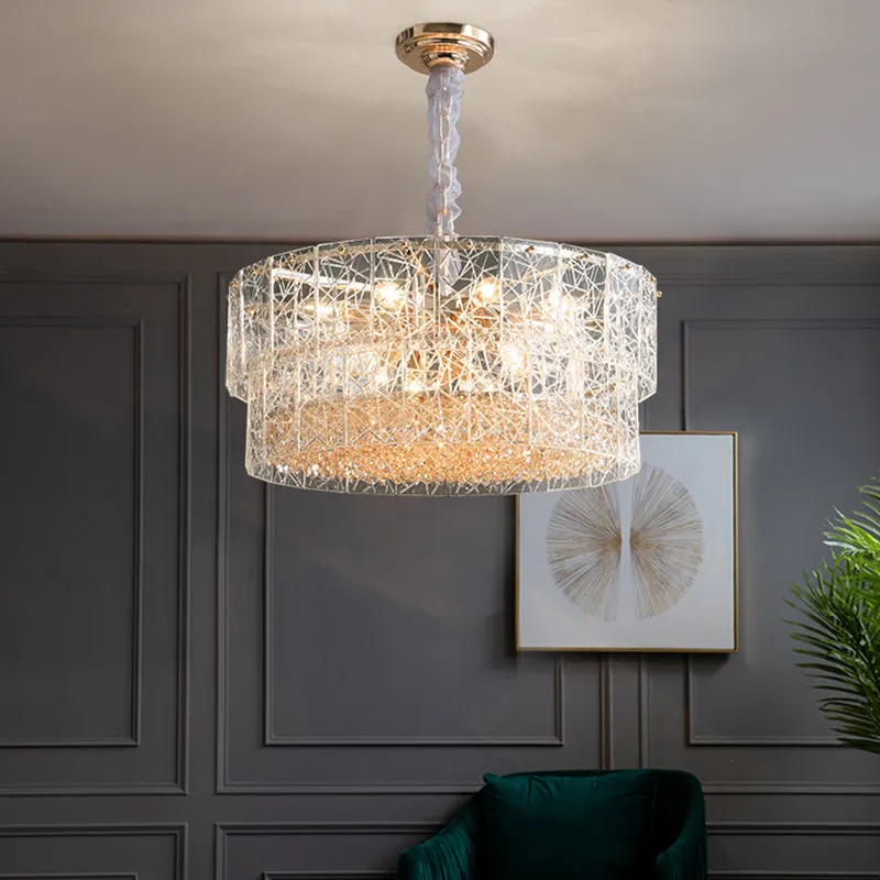 Modern 2-Tier Clear Glass Chandelier Pendant Light with Octagonal Crystal Beads