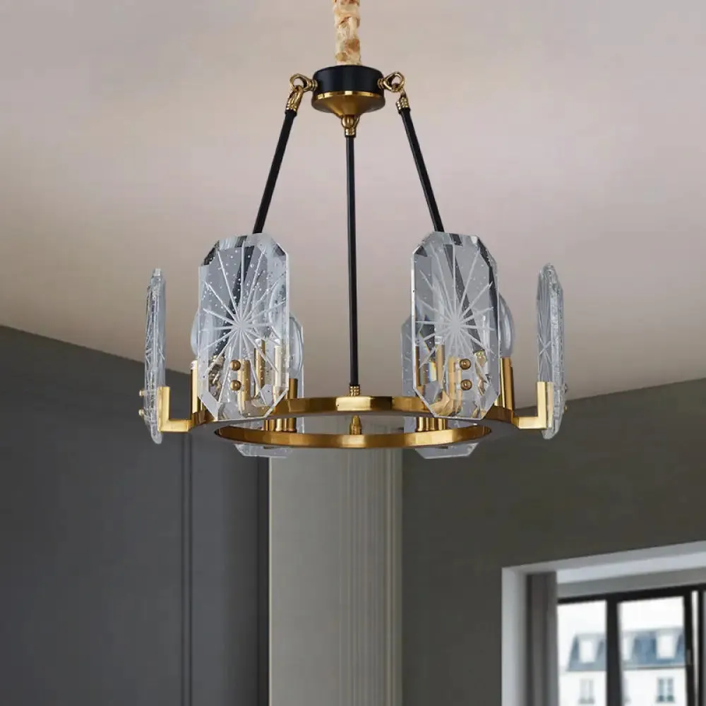 Modern 6-Bulb Geometric Pendulum Light: Clear Crystal Glass Chandelier in Black & Gold