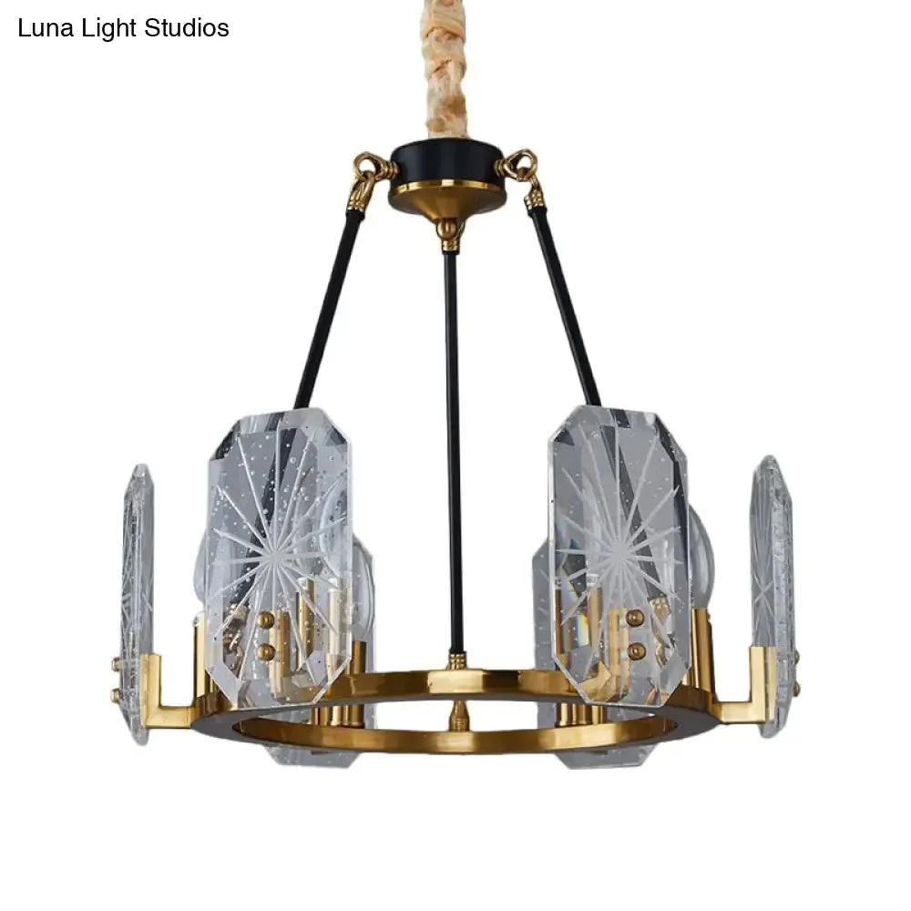 Modern 6-Bulb Geometric Pendulum Light: Clear Crystal Glass Chandelier in Black & Gold