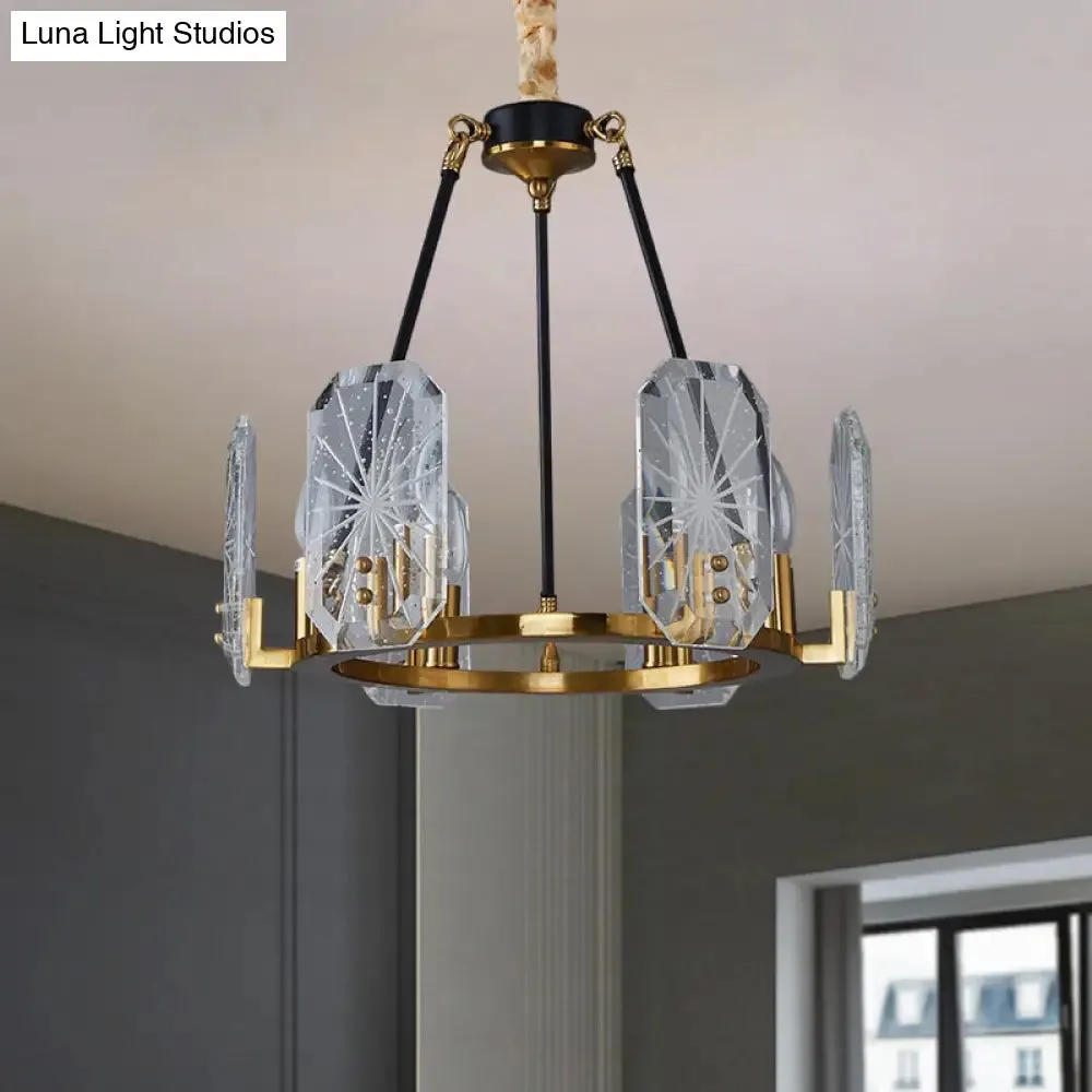 Modern 6-Bulb Geometric Pendulum Light: Clear Crystal Glass Chandelier in Black & Gold