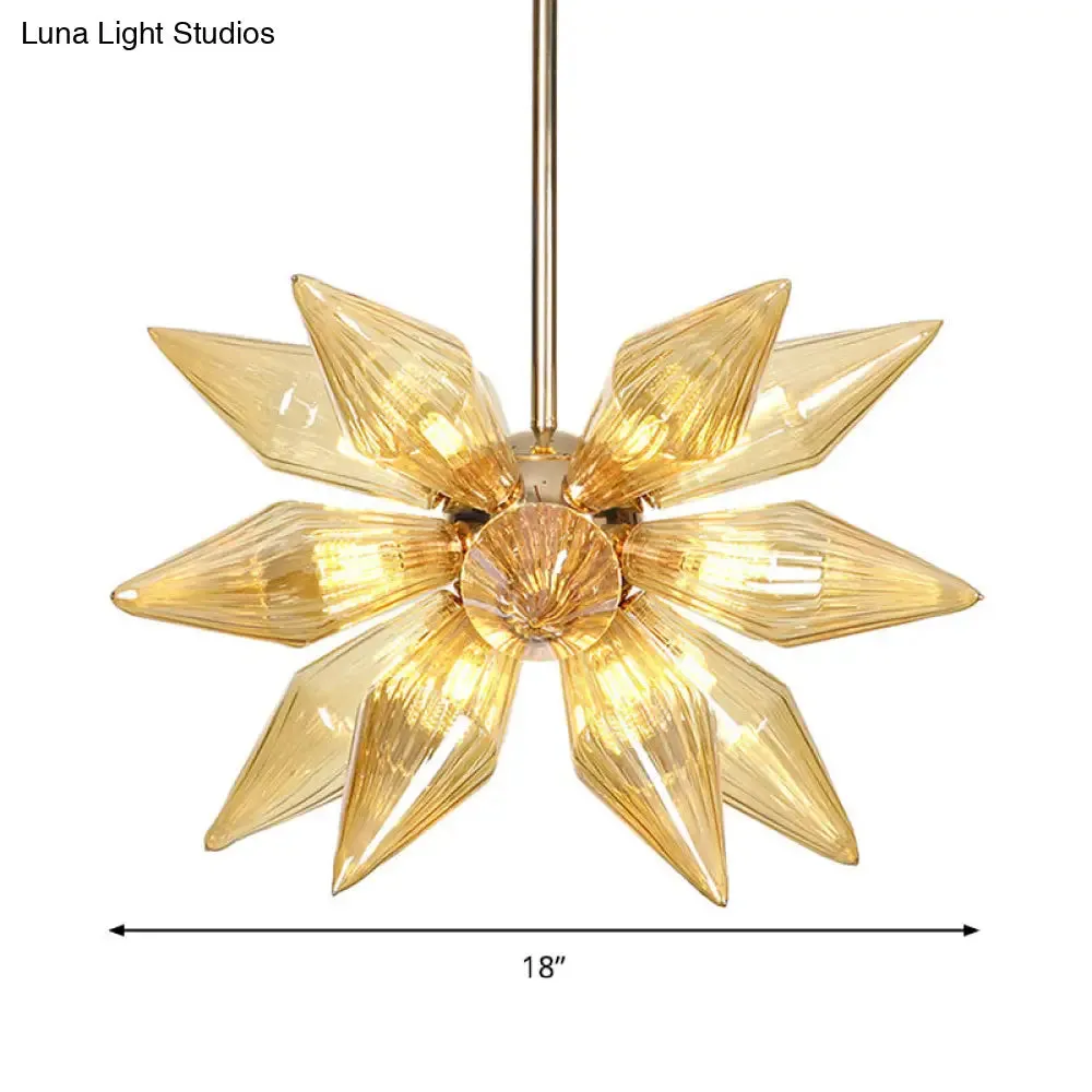 Modern Amber Ribbed Glass Conical Chandelier - 18 Heads, Hanging Pendant Light in Gold