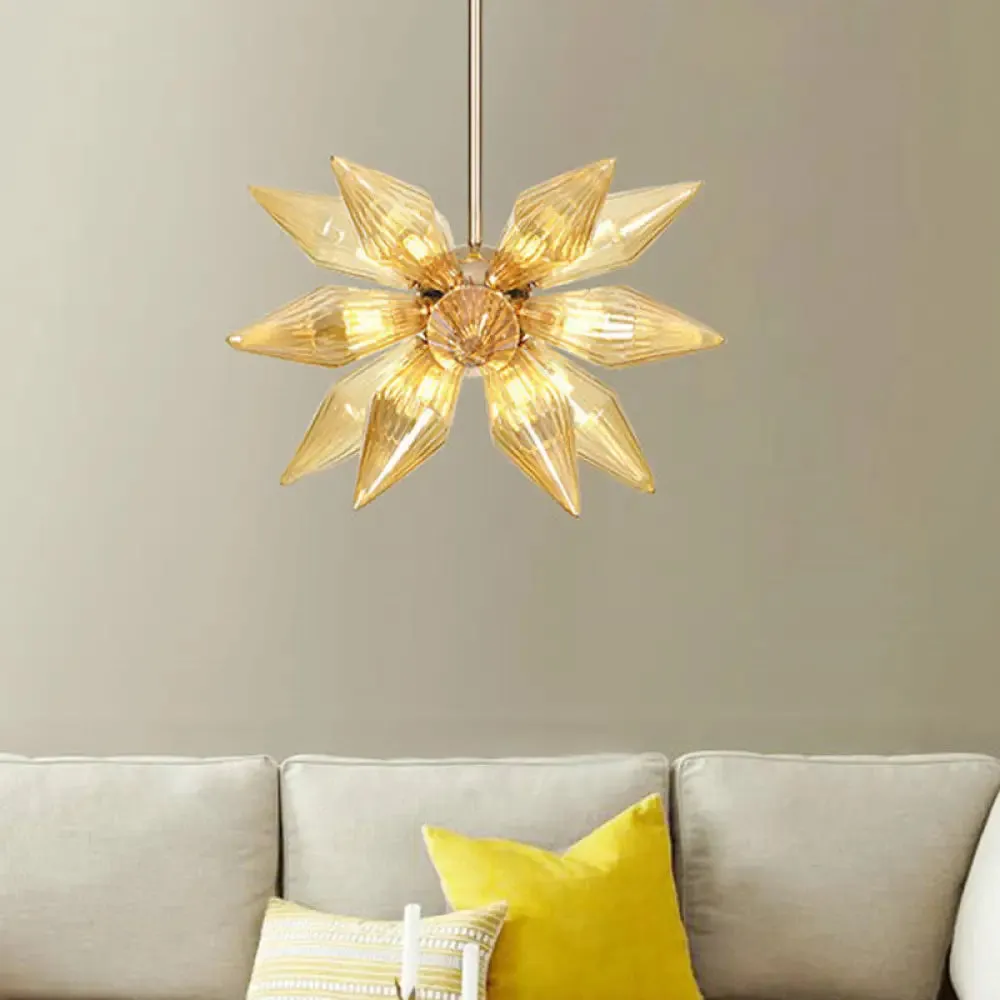 Modern Amber Ribbed Glass Conical Chandelier - 18 Heads, Hanging Pendant Light in Gold