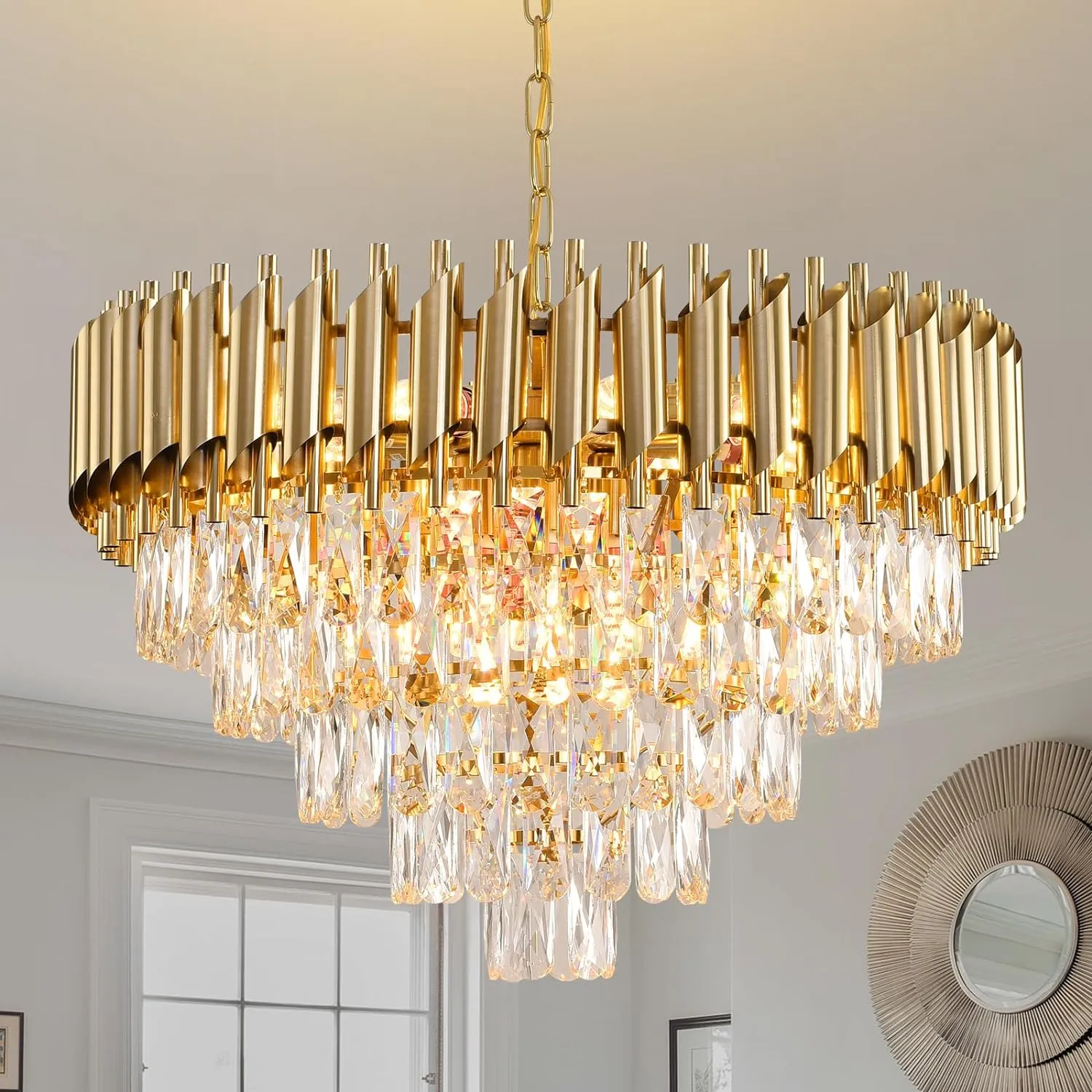 Modern Crystal Chandeliers 5 Tier, Round Crystal Chandeliers Light Fixture 12 Lights