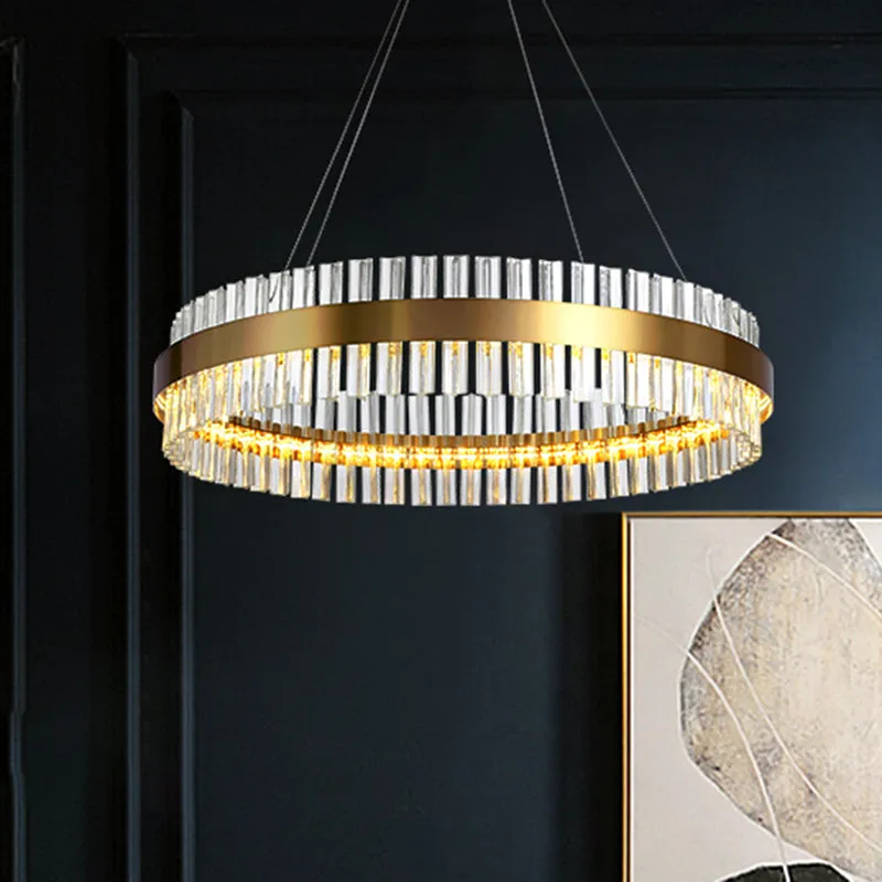 Modern Crystal Rod Gold LED Circular Chandelier Ceiling Light, Multiple Width Options