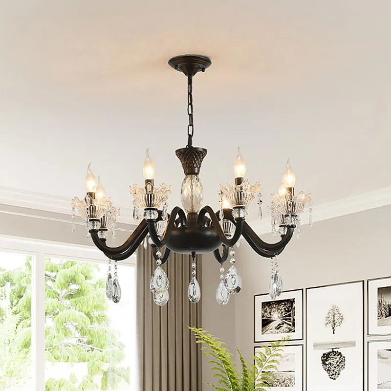 Modern Curved Arm Suspension Light - 6/8 Light Metal Pendant Chandelier - Black with Crystal Droplet