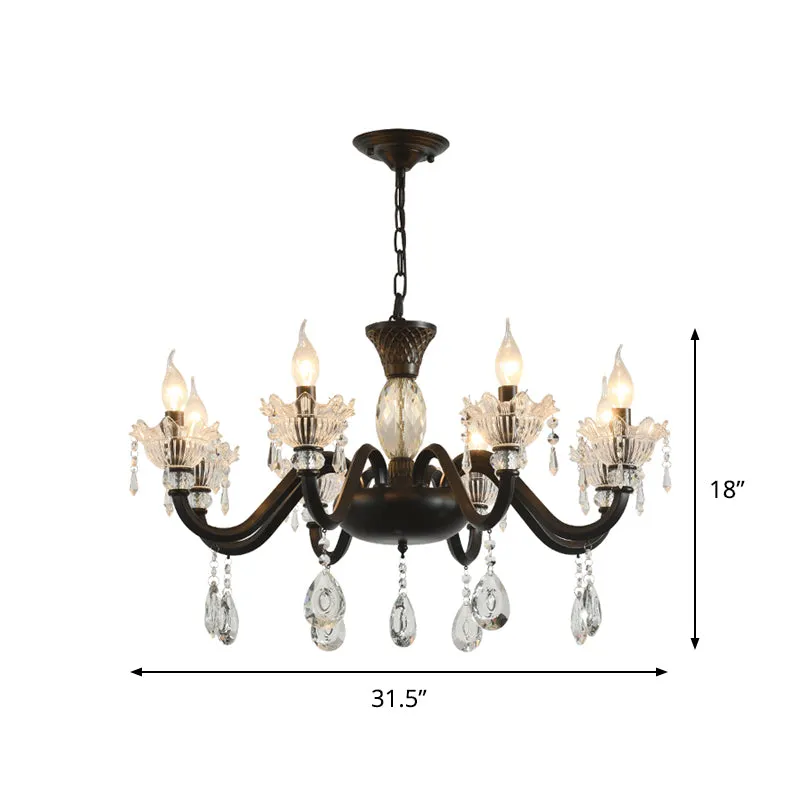 Modern Curved Arm Suspension Light - 6/8 Light Metal Pendant Chandelier - Black with Crystal Droplet