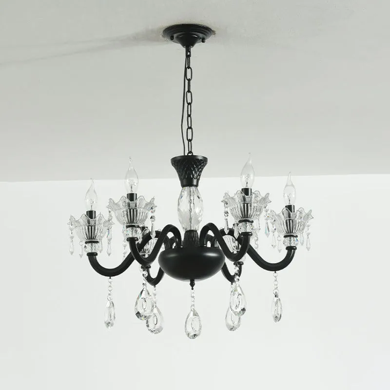 Modern Curved Arm Suspension Light - 6/8 Light Metal Pendant Chandelier - Black with Crystal Droplet