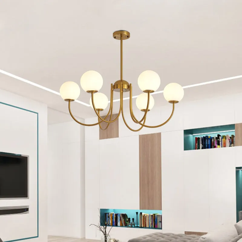 Modern Gold Orb Chandelier - 6 Heads Hanging Light for Living Room with Milk Glass Shade