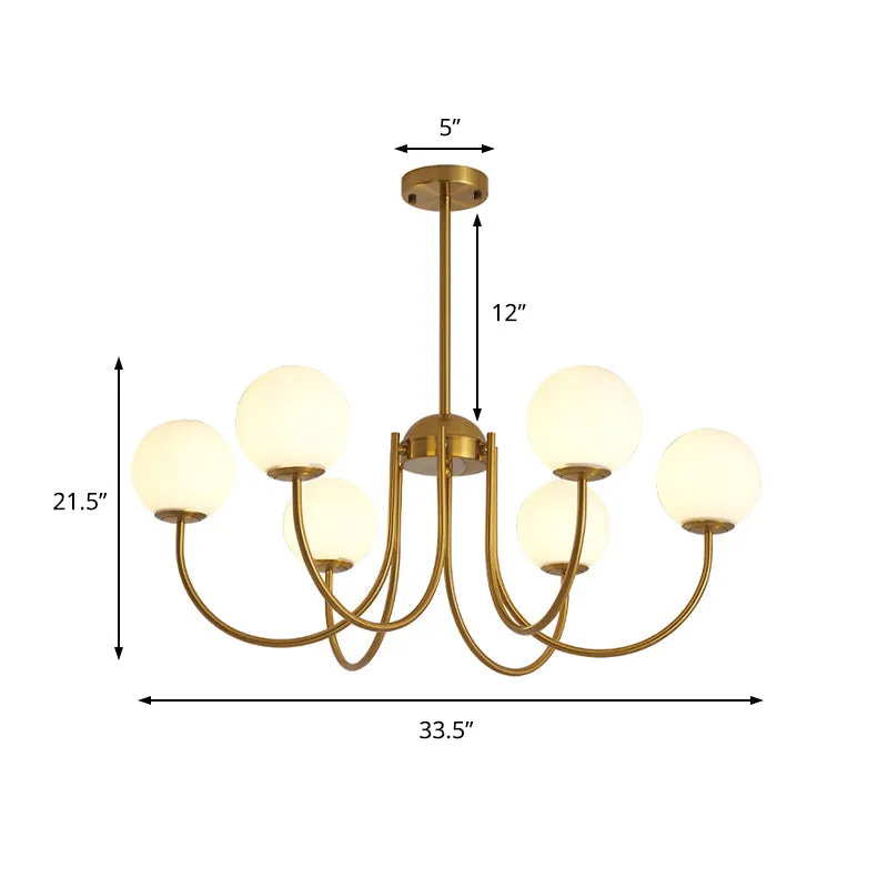 Modern Gold Orb Chandelier - 6 Heads Hanging Light for Living Room with Milk Glass Shade