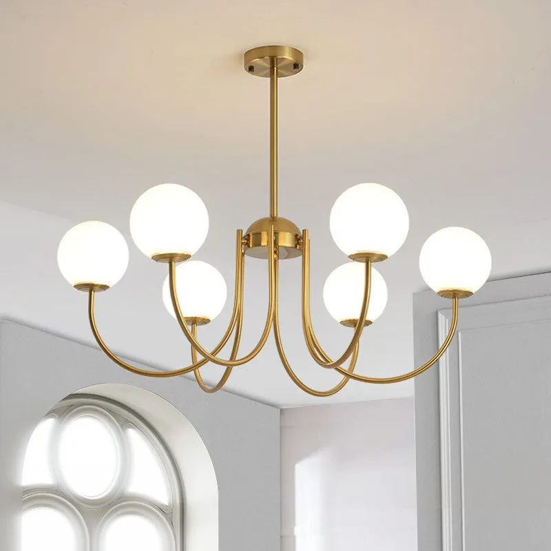 Modern Gold Orb Chandelier - 6 Heads Hanging Light for Living Room with Milk Glass Shade