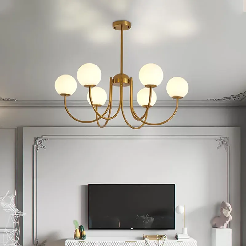 Modern Gold Orb Chandelier - 6 Heads Hanging Light for Living Room with Milk Glass Shade