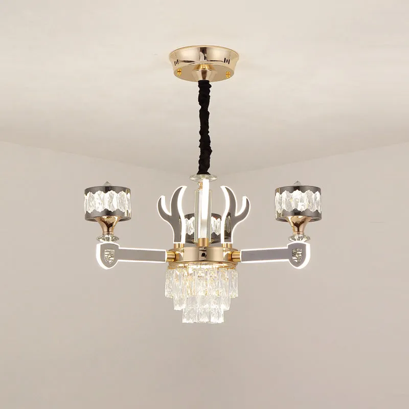 Modern K9 Crystal 3-Head Chrome Drum Pendant Chandelier with Antler Design