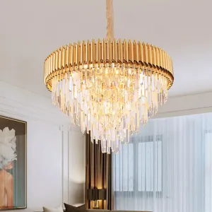 Modernist Crystal Tapered Chandelier - 9/12-Light Golden Bedroom Pendant