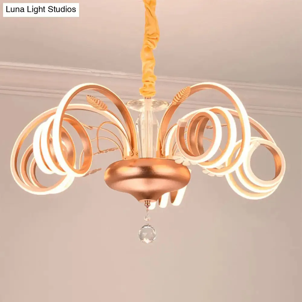 Modernist Curved Rose Gold Chandelier - Acrylic LED Hanging Lamp for Living Room, White Light