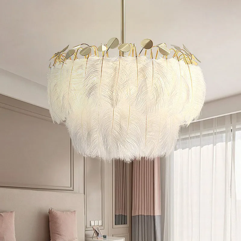 Nordic Style Feather Round Chandelier Light - Gold Pendant Fixture for Nursery