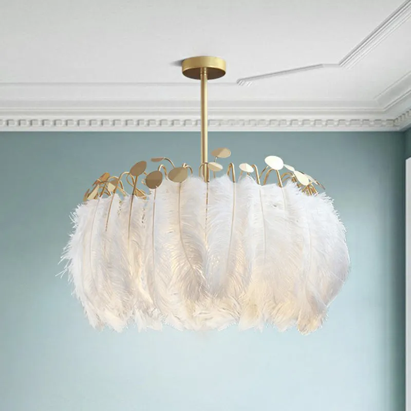 Nordic Style Feather Round Chandelier Light - Gold Pendant Fixture for Nursery