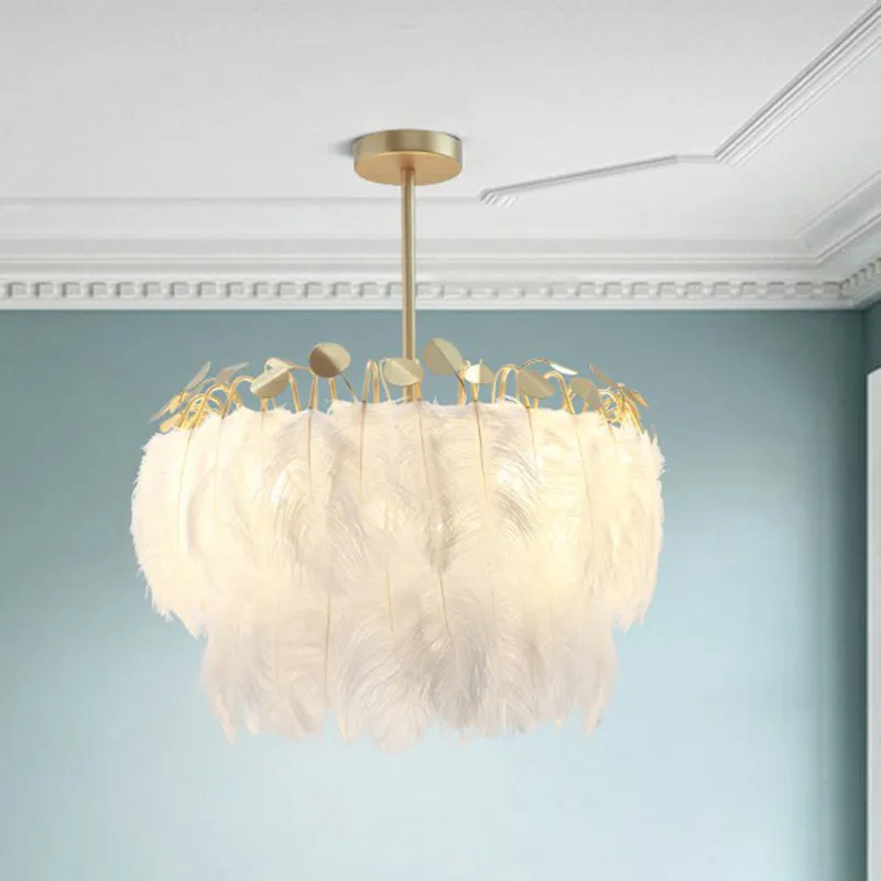 Nordic Style Feather Round Chandelier Light - Gold Pendant Fixture for Nursery