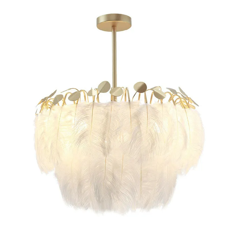 Nordic Style Feather Round Chandelier Light - Gold Pendant Fixture for Nursery