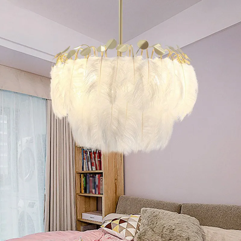 Nordic Style Feather Round Chandelier Light - Gold Pendant Fixture for Nursery