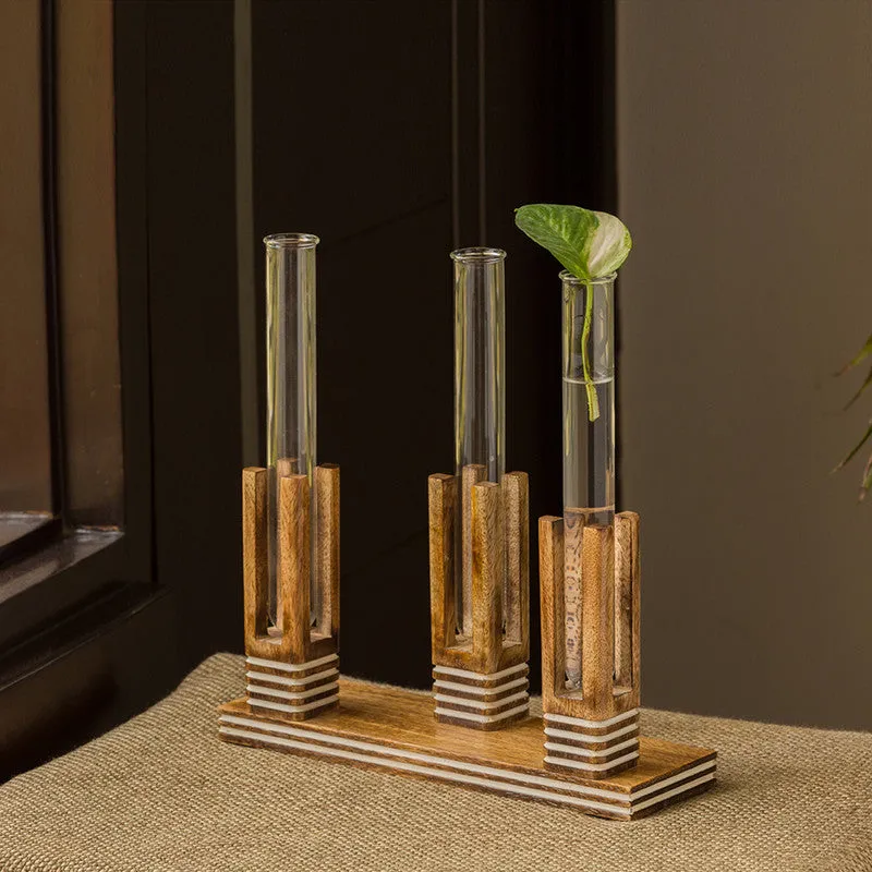 Planter Tubes with Wooden Holder | Blooming Glass Trio Pillars | 11 inch