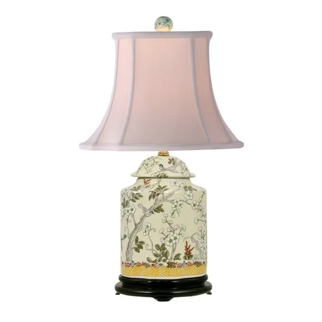 Porcelain Plum Birds Scalloped Tea Jar Lamp