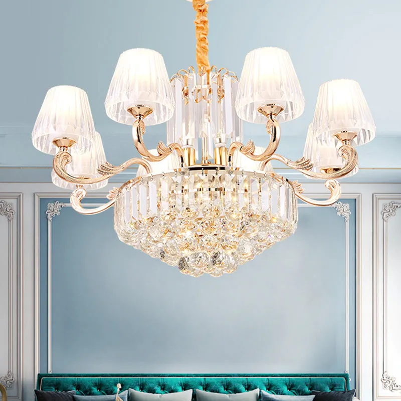 Postmodern Empire Style Suspension Light with Crystal Rods - 6/8/10 Heads, Gold Pendant Chandelier