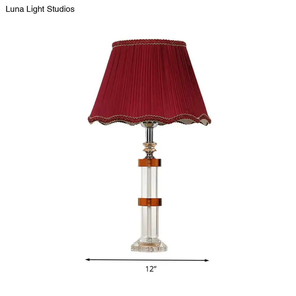 Red Fabric Shade Crystal Rectangle Night Lamp - Simple 1 Light Bedroom Table Light