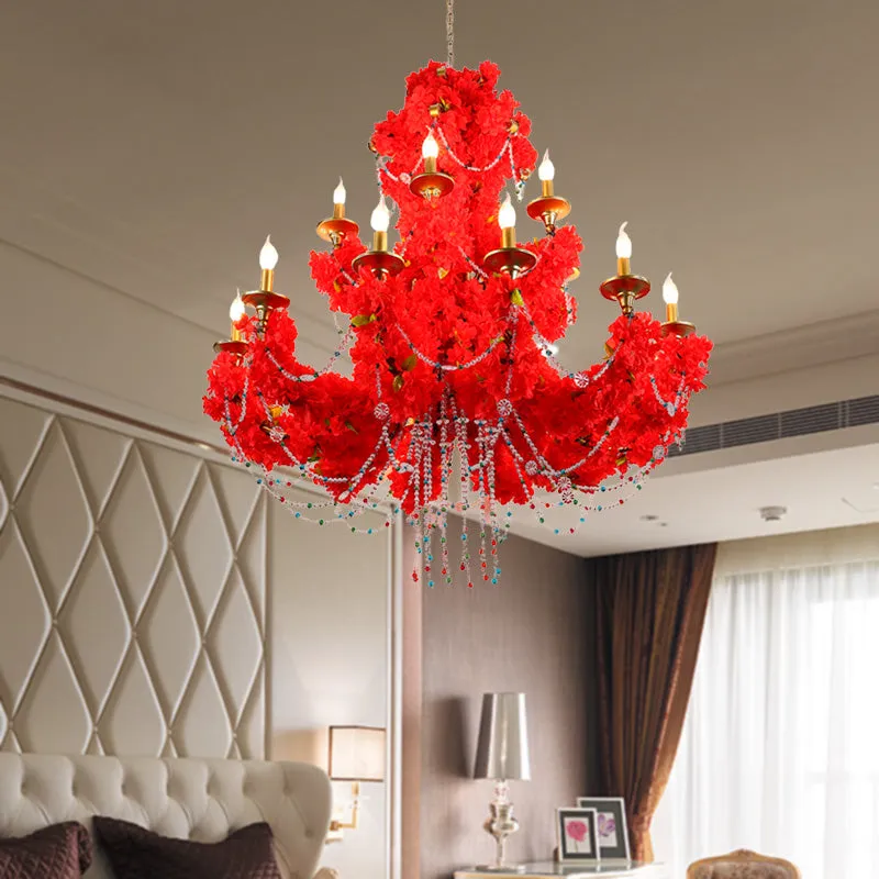 Red Metal Candle Pendant Chandelier with Crystal Accents - Antique Style - 12 Bulbs - LED - Perfect for Restaurants