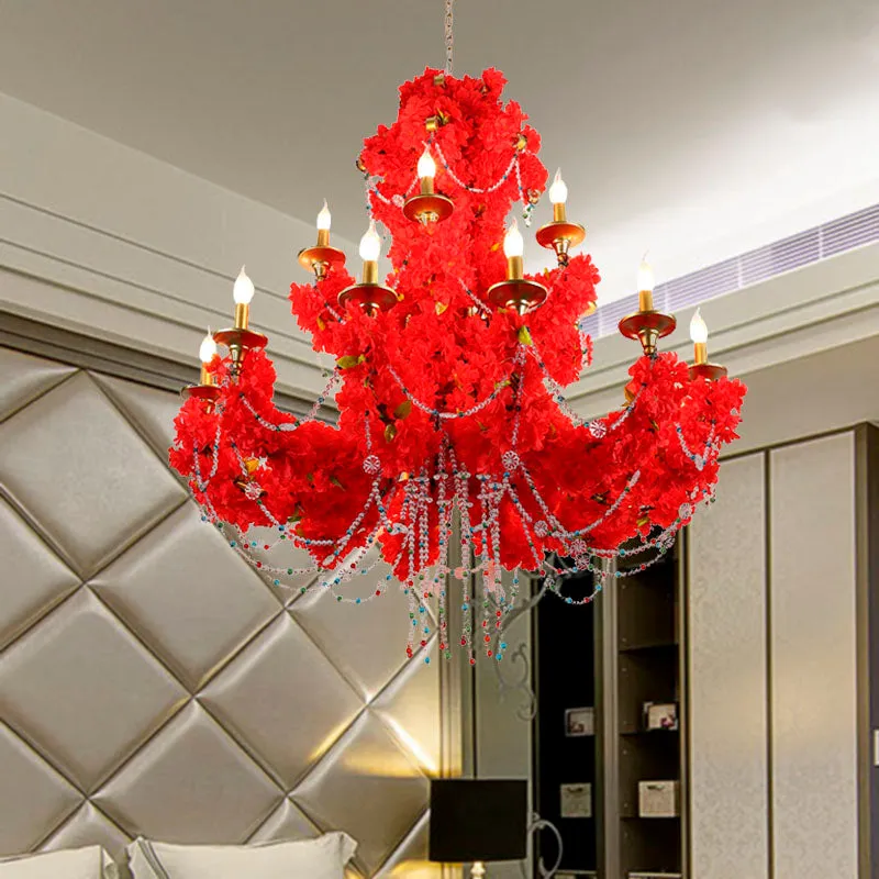 Red Metal Candle Pendant Chandelier with Crystal Accents - Antique Style - 12 Bulbs - LED - Perfect for Restaurants