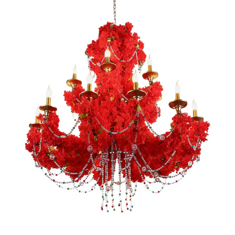 Red Metal Candle Pendant Chandelier with Crystal Accents - Antique Style - 12 Bulbs - LED - Perfect for Restaurants