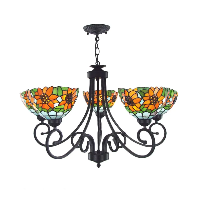 Rustic Sunflower Chandelier Pendant Light with Stained Glass Bowl Shade - 5 Lights in Orange