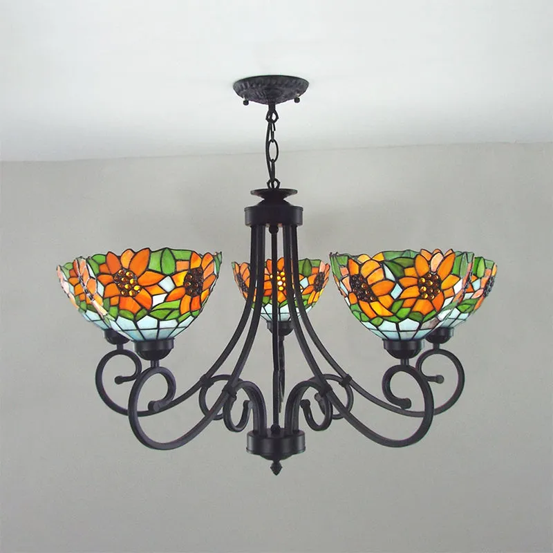 Rustic Sunflower Chandelier Pendant Light with Stained Glass Bowl Shade - 5 Lights in Orange