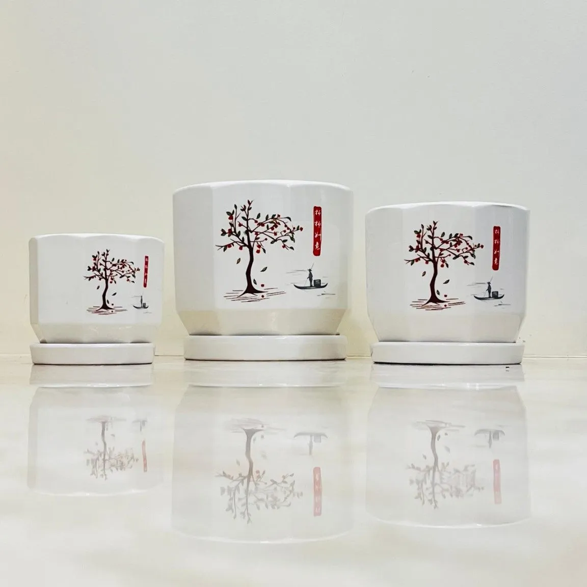 Serenity Tree Ceramic Pot Set Of 3