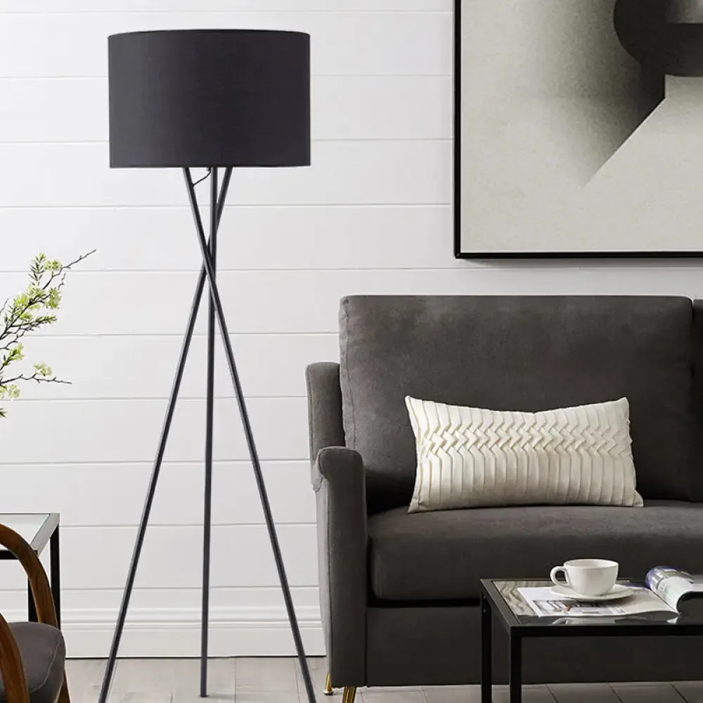 Simple Fabric Drum Shade Floor Reading Lamp with Tripod Stand - White/Black, 1 Light