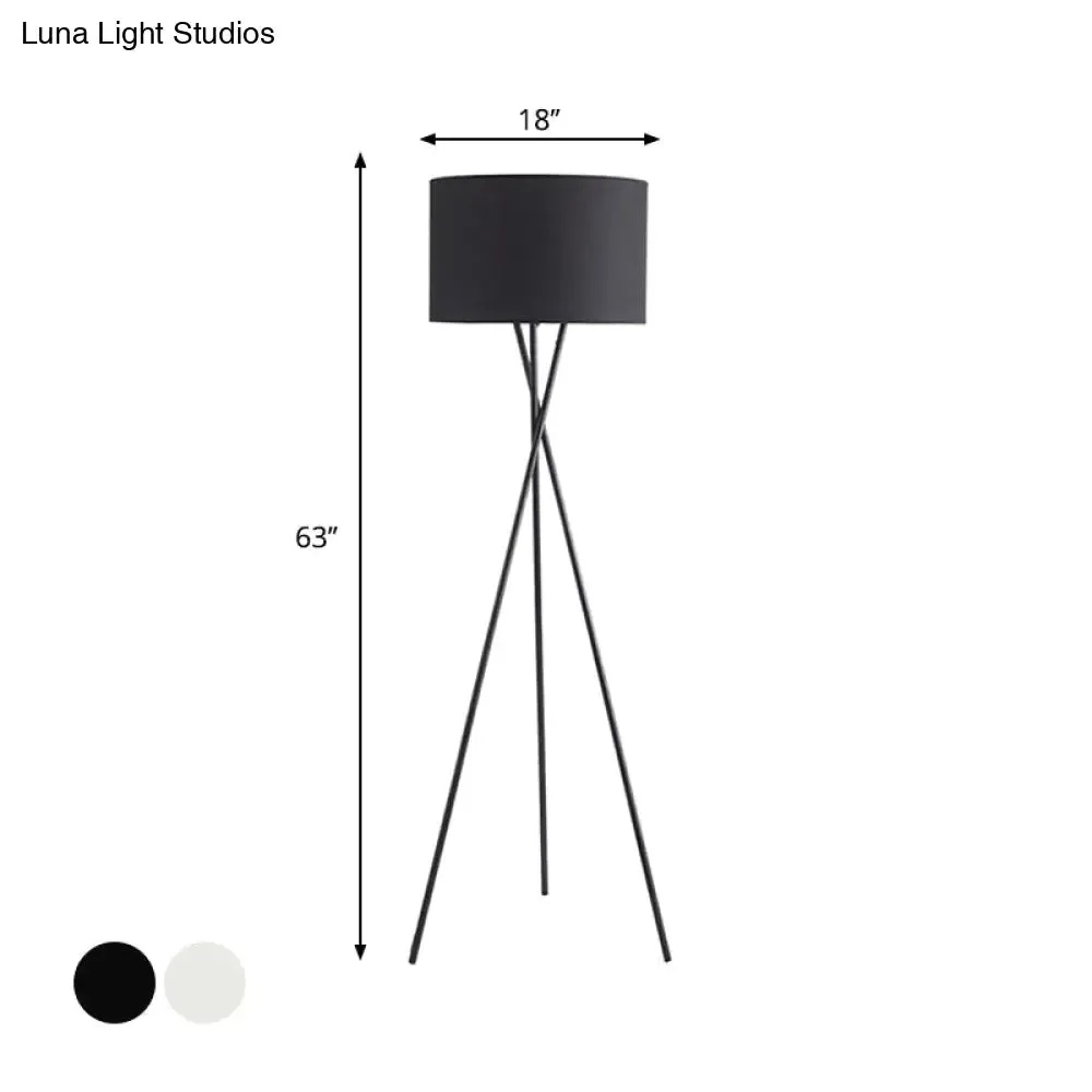 Simple Fabric Drum Shade Floor Reading Lamp with Tripod Stand - White/Black, 1 Light