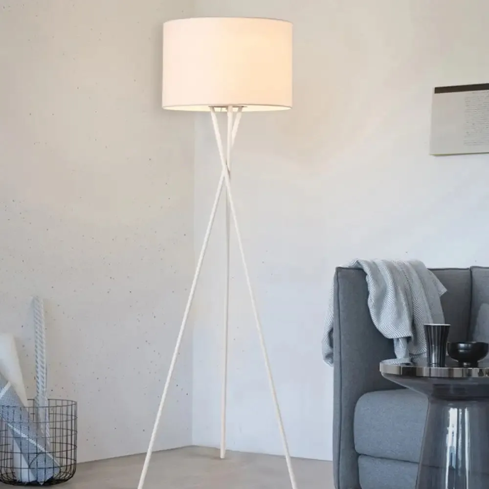 Simple Fabric Drum Shade Floor Reading Lamp with Tripod Stand - White/Black, 1 Light